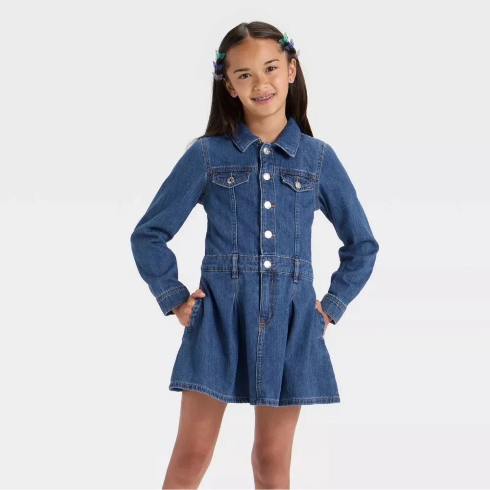Cat & Jack Girls' Long Sleeve Denim Dress - Dark Wash, S (6/7)